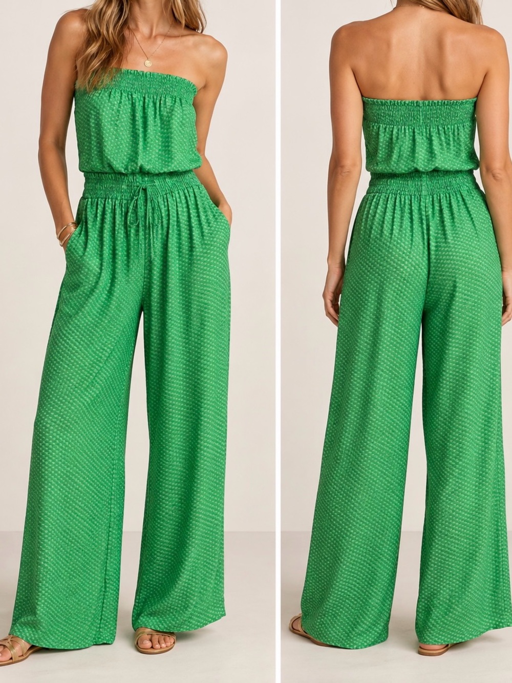 FRNCH Strapless Wide-Leg Jumpsuit in Green with Subtle Dot Texture
